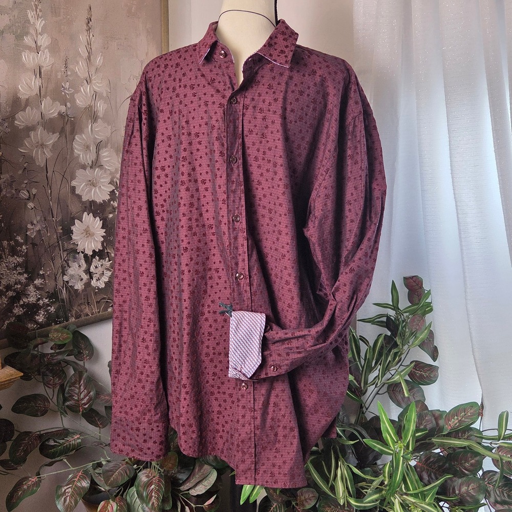 Quieti‎ Mens XXL Maroon Flocked Floral Cotton Button Down Shirt CL1090 Burgundy